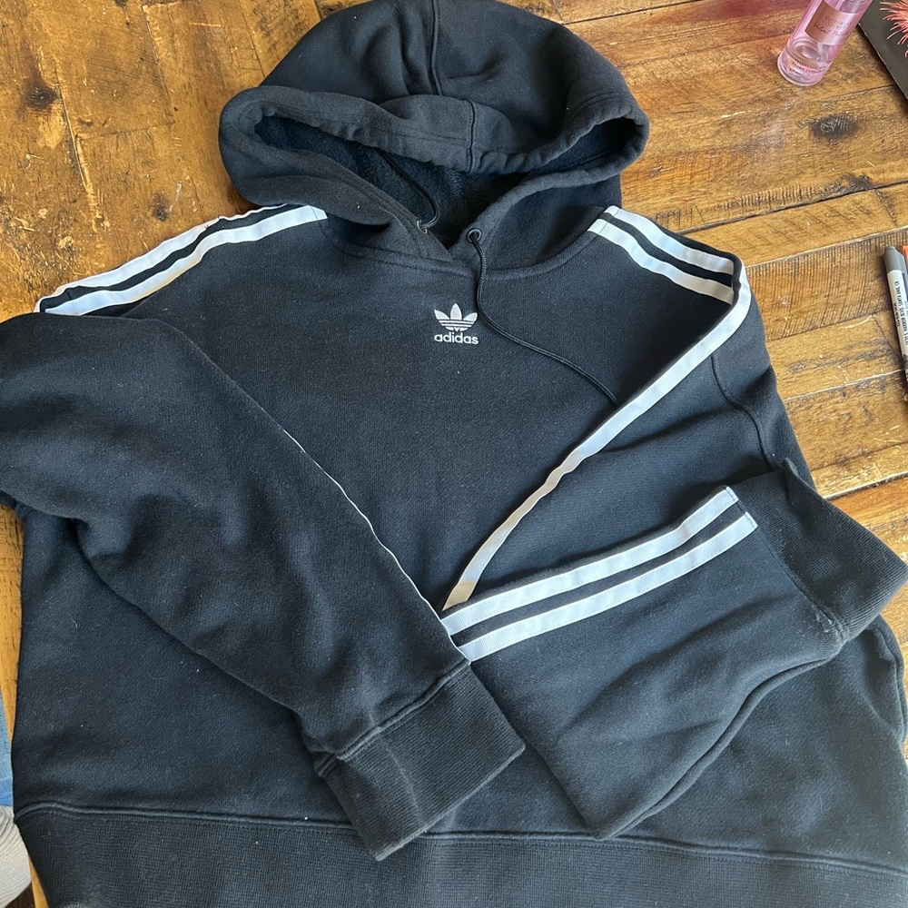 Adidas Black Hoodie with White Stripes pit 22 length 18 - Picture 3 of 5